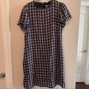 Loft navy fall plaid dress with tie size Large